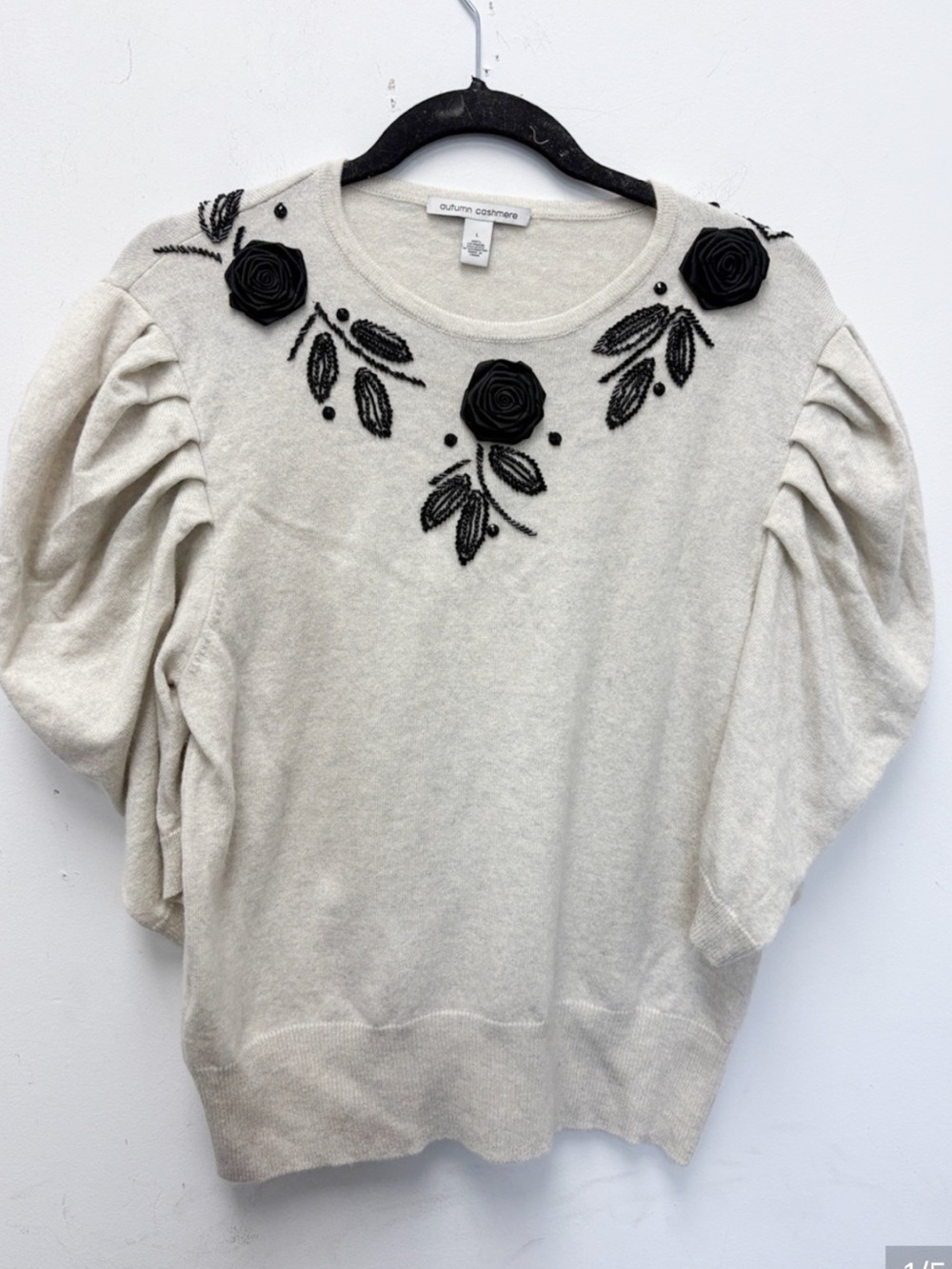 Autumn Cashmere Cream Cashmere Sweater with Black Rosette Embroidery
